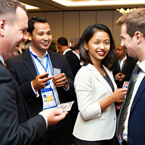 A diverse group of insurance brokers from around the world networking at an international insurance conference. The scene is bustling with energy, with people exchanging business cards and engaging in lively conversations. Focus on showcasing the multicultural aspect and professional environment.