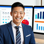 **Prompt:** A modern insurance broker, smiling confidently while reviewing a detailed customer profile on a CRM dashboard. The dashboard features charts showing customer segmentation and risk preferences.  Stylized, professional, and incorporating Simplified Chinese characters in the data visualization. Focus: Customer profiling and data-driven insights. Use a bright, optimistic color palette.