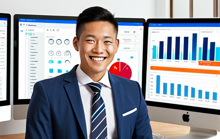 **Prompt:** A modern insurance broker, smiling confidently while reviewing a detailed customer profile on a CRM dashboard. The dashboard features charts showing customer segmentation and risk preferences.  Stylized, professional, and incorporating Simplified Chinese characters in the data visualization. Focus: Customer profiling and data-driven insights. Use a bright, optimistic color palette.