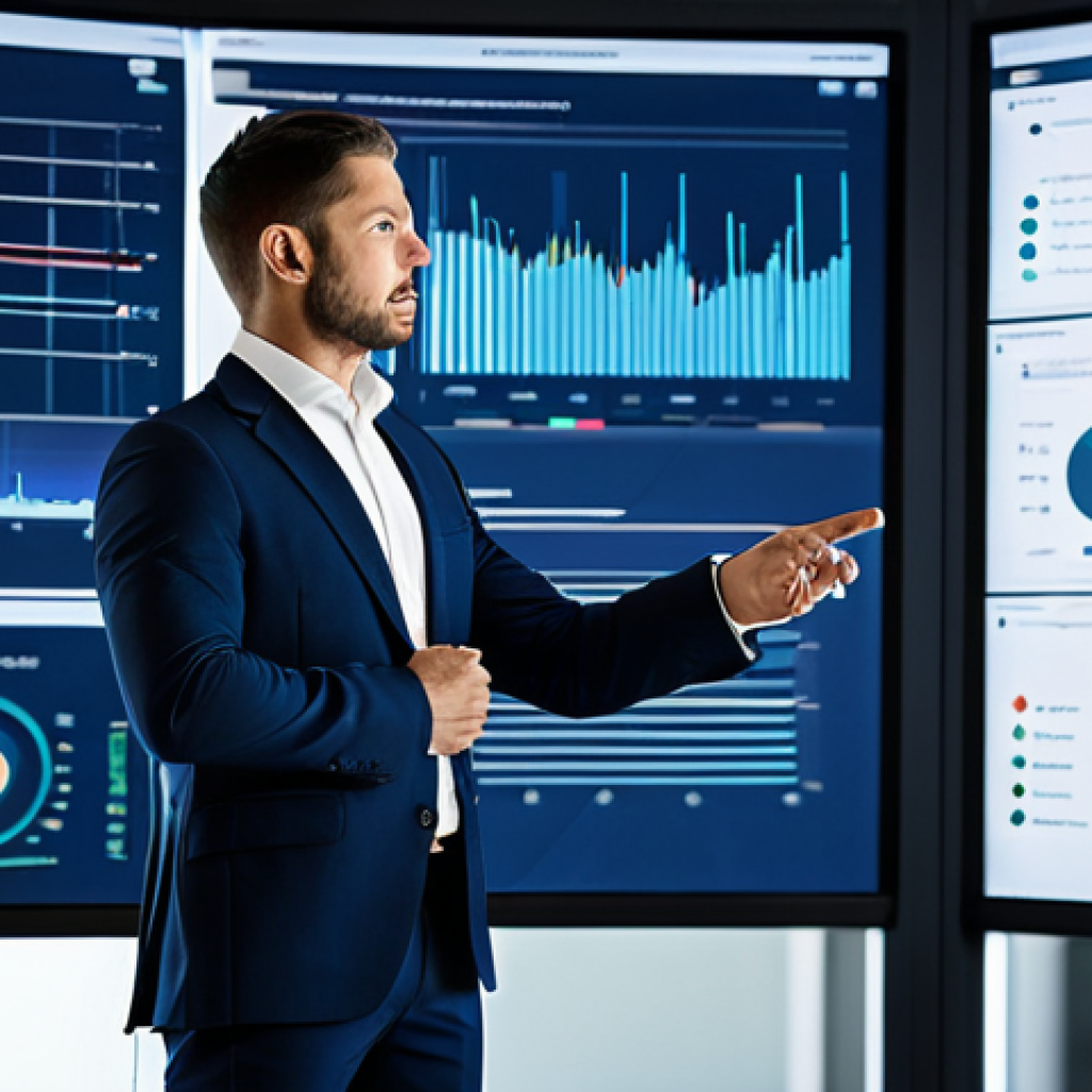 A professional male insurance intermediary, wearing a dark blue business suit and a crisp white shirt, fully clothed, modest clothing, standing confidently in a futuristic, minimalist office with large interactive holographic screens displaying complex financial data visualizations. He is gesturing towards a screen with one hand, demonstrating an advanced risk assessment model. The office features sleek, ergonomic furniture and subtle natural light. Perfect anatomy, correct proportions, natural pose, well-formed hands, proper finger count, natural body proportions. Professional photography, high quality, safe for work, appropriate content, family-friendly.