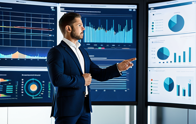 A professional male insurance intermediary, wearing a dark blue business suit and a crisp white shirt, fully clothed, modest clothing, standing confidently in a futuristic, minimalist office with large interactive holographic screens displaying complex financial data visualizations. He is gesturing towards a screen with one hand, demonstrating an advanced risk assessment model. The office features sleek, ergonomic furniture and subtle natural light. Perfect anatomy, correct proportions, natural pose, well-formed hands, proper finger count, natural body proportions. Professional photography, high quality, safe for work, appropriate content, family-friendly.
