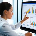 A professional female insurance agent, fully clothed in a modest business suit, seated at a sleek modern desk in a bright, contemporary office. She is looking intently at a large transparent screen displaying complex, colorful data visualizations and analytical insights from an intelligent CRM system. Her hands are gently gesturing towards the screen, indicating interaction. The background shows blurred office activity, suggesting a dynamic environment. The scene emphasizes data-driven decision-making and technological integration. safe for work, appropriate content, professional dress, perfect anatomy, correct proportions, natural pose, well-formed hands, proper finger count, natural body proportions, high-quality, professional photography, clean aesthetic.