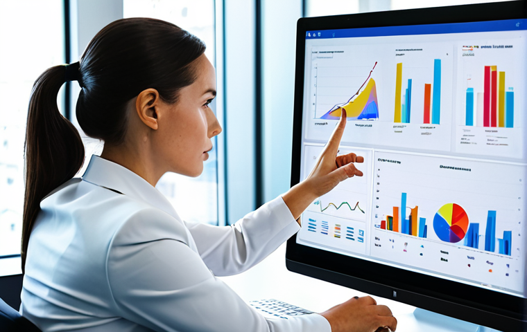 A professional female insurance agent, fully clothed in a modest business suit, seated at a sleek modern desk in a bright, contemporary office. She is looking intently at a large transparent screen displaying complex, colorful data visualizations and analytical insights from an intelligent CRM system. Her hands are gently gesturing towards the screen, indicating interaction. The background shows blurred office activity, suggesting a dynamic environment. The scene emphasizes data-driven decision-making and technological integration. safe for work, appropriate content, professional dress, perfect anatomy, correct proportions, natural pose, well-formed hands, proper finger count, natural body proportions, high-quality, professional photography, clean aesthetic.