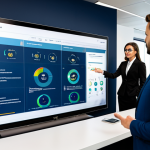A professional, diverse team of three insurance advisors in modest business attire, gathered around a large, interactive CRM digital display in a modern, well-lit office. The screen shows detailed customer profiles, real-time data visualizations, and predictive analytics, emphasizing intelligent tools and data-driven insights. One advisor is gesturing towards the screen, highlighting a key insight, while others observe intently. Professional dress, fully clothed, appropriate attire, perfect anatomy, correct proportions, natural pose, well-formed hands, proper finger count, natural body proportions, high resolution, soft studio lighting, safe for work, appropriate content.