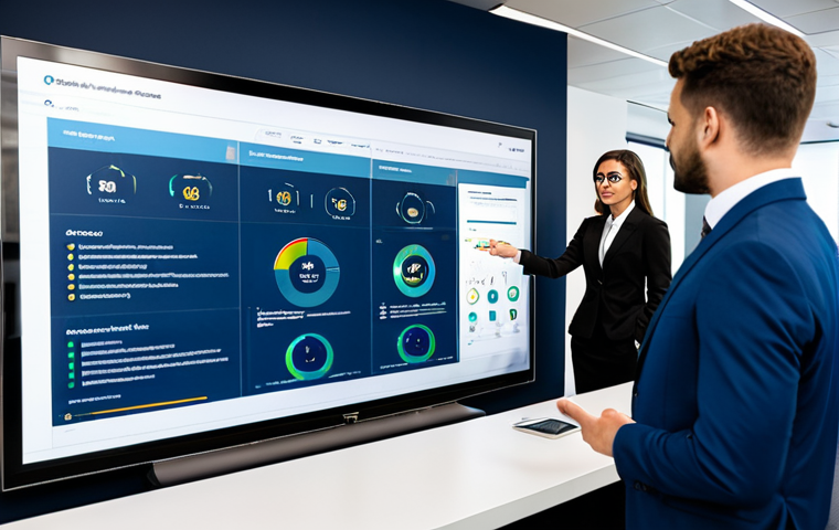A professional, diverse team of three insurance advisors in modest business attire, gathered around a large, interactive CRM digital display in a modern, well-lit office. The screen shows detailed customer profiles, real-time data visualizations, and predictive analytics, emphasizing intelligent tools and data-driven insights. One advisor is gesturing towards the screen, highlighting a key insight, while others observe intently. Professional dress, fully clothed, appropriate attire, perfect anatomy, correct proportions, natural pose, well-formed hands, proper finger count, natural body proportions, high resolution, soft studio lighting, safe for work, appropriate content.