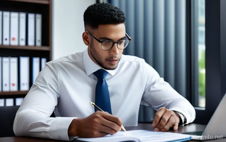 보험중개사 시험 후 복습의 중요성 - **Prompt:** A young, determined professional, dressed in a sharp business suit, sits at a modern, we...