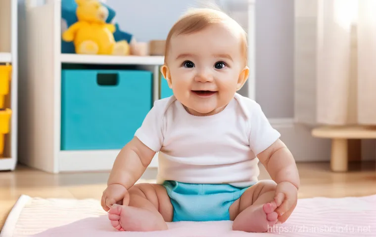 보험중개사 실기시험에서 자주 묻는 질문 - A cheerful baby, approximately 9 months old, sitting upright and happily playing on a soft, pastel-c...