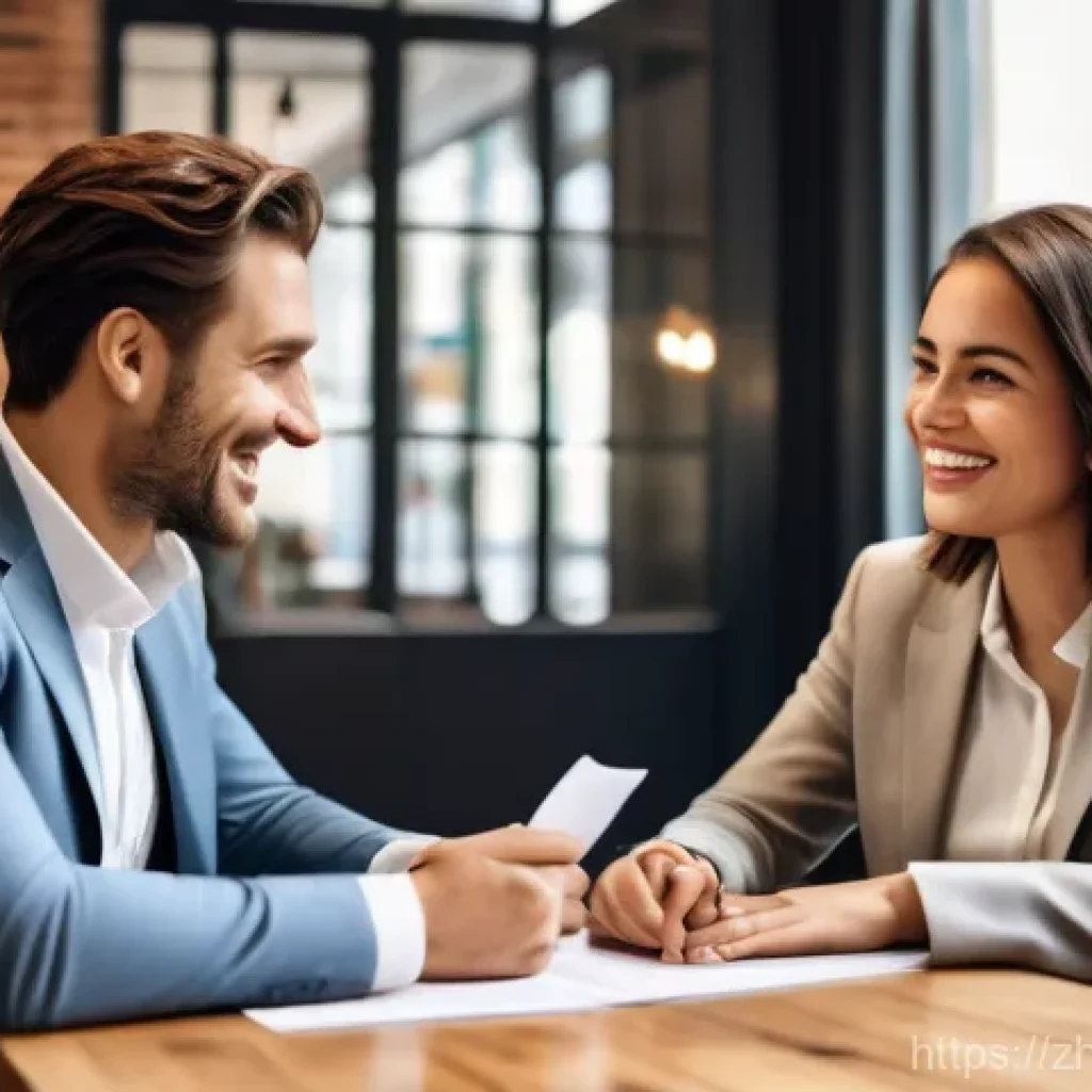 보험중개사와 관련된 성공 사례 인터뷰 - A professional female insurance broker, in her late 30s, with a warm, empathetic smile, sits across ...