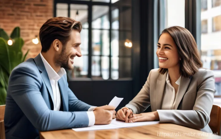 보험중개사와 관련된 성공 사례 인터뷰 - A professional female insurance broker, in her late 30s, with a warm, empathetic smile, sits across ...
