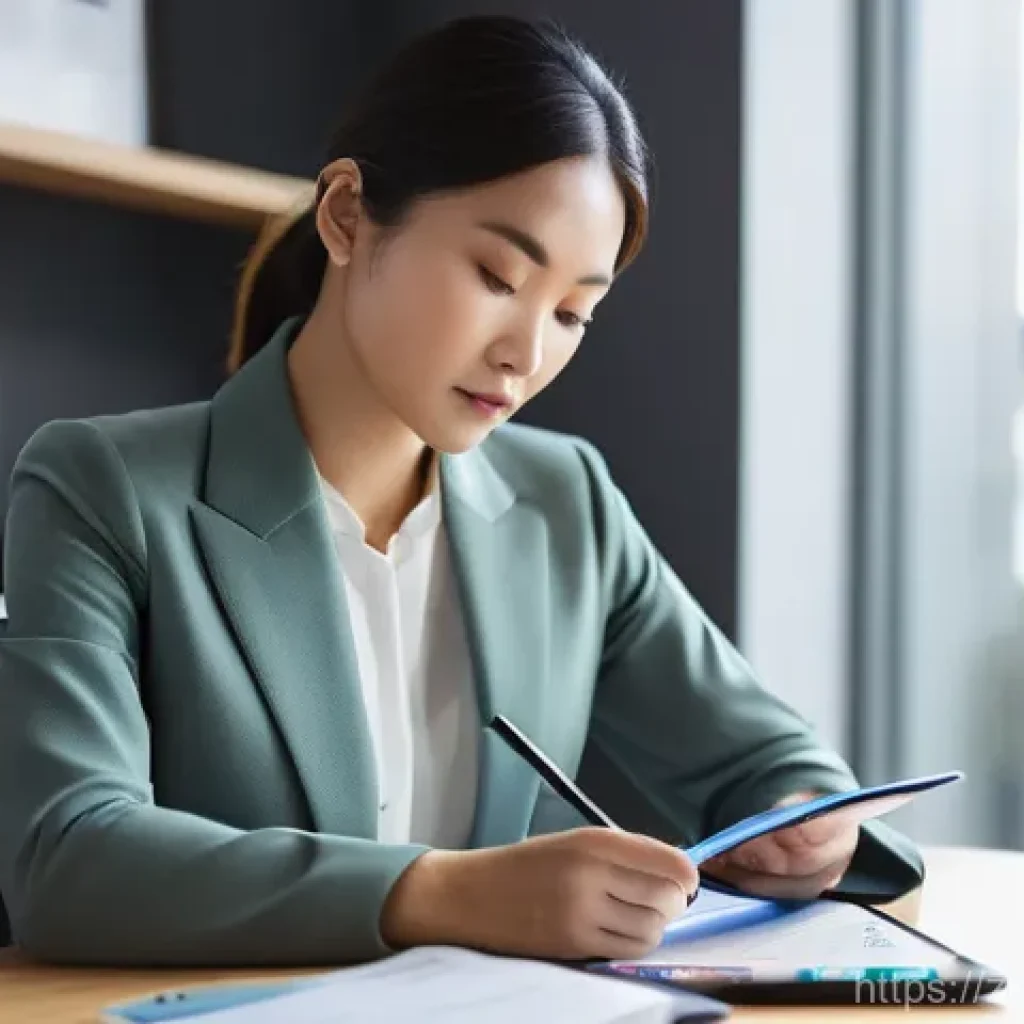 보험중개사 자격증 갱신 주기와 절차 - **Prompt:** A focused professional woman in her mid-30s, of East Asian descent, wearing a chic yet m...