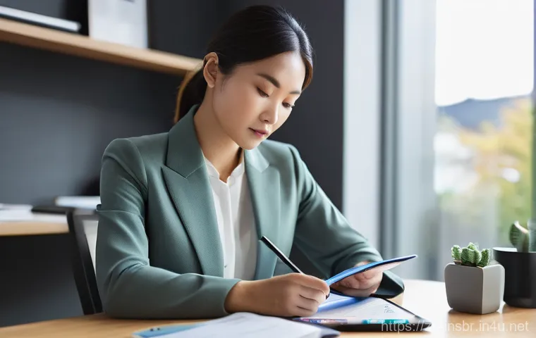 보험중개사 자격증 갱신 주기와 절차 - **Prompt:** A focused professional woman in her mid-30s, of East Asian descent, wearing a chic yet m...