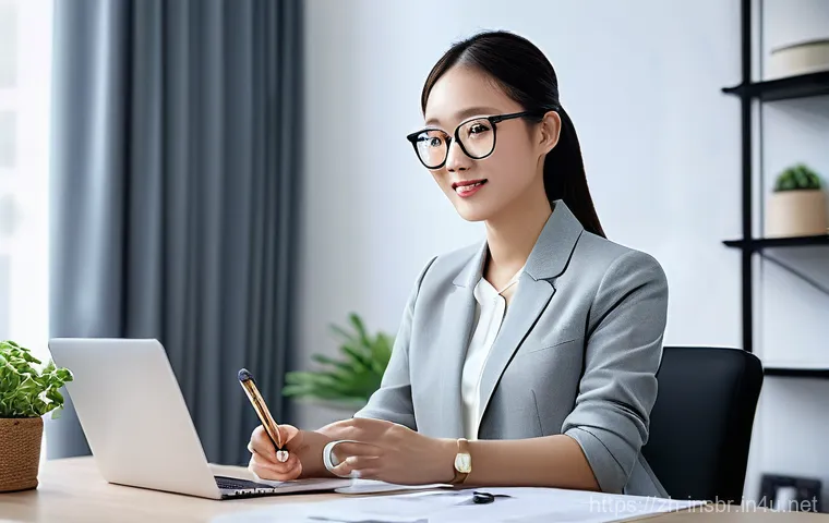 보험중개사 시험 이후 전문성 강화 전략 - **Prompt:** A focused male insurance agent, in a contemporary business casual outfit, is actively ut...