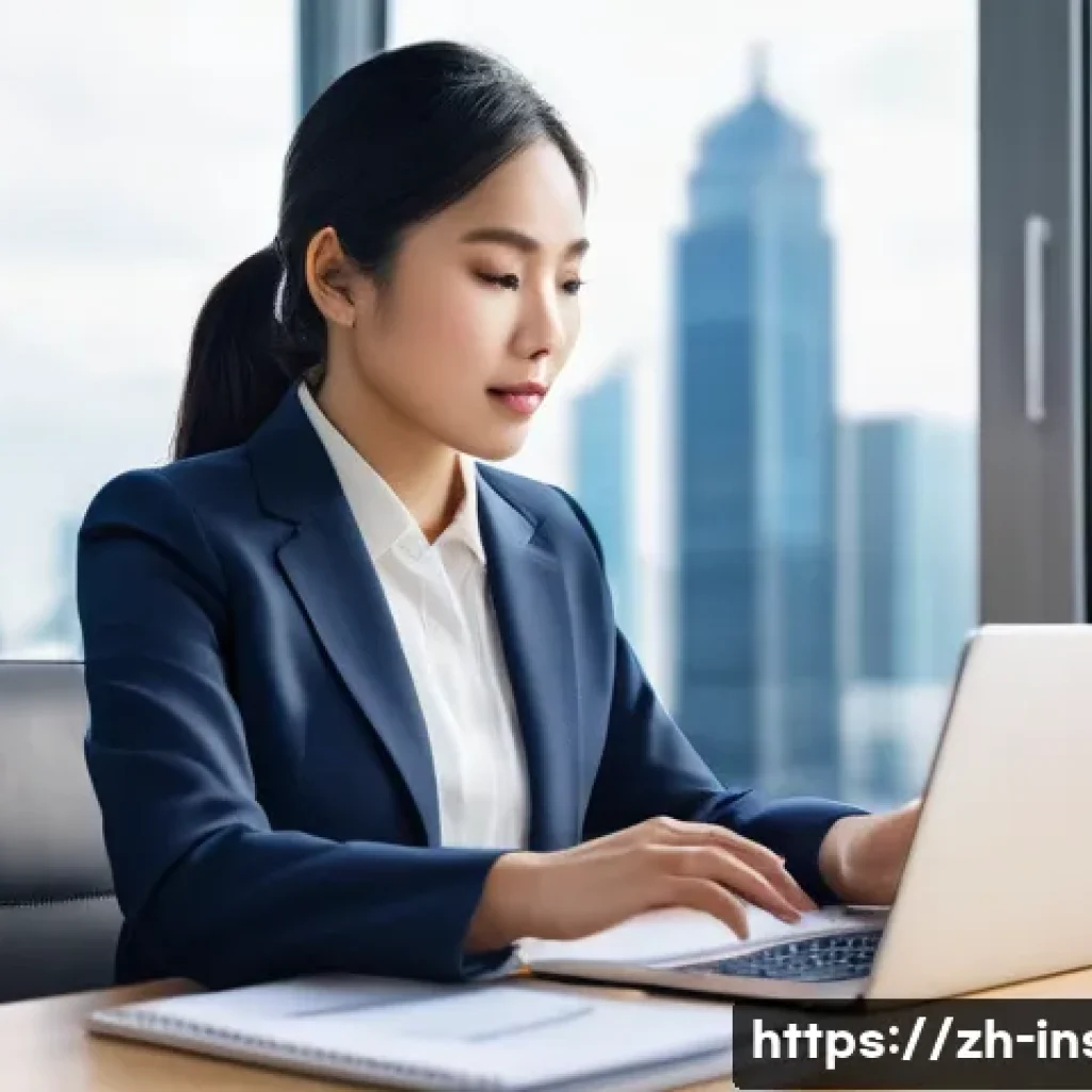 보험중개사 시험 후 주의해야 할 점 - **Prompt:** A modern, professional Asian woman, an insurance broker in her late 20s, is seated at a ...