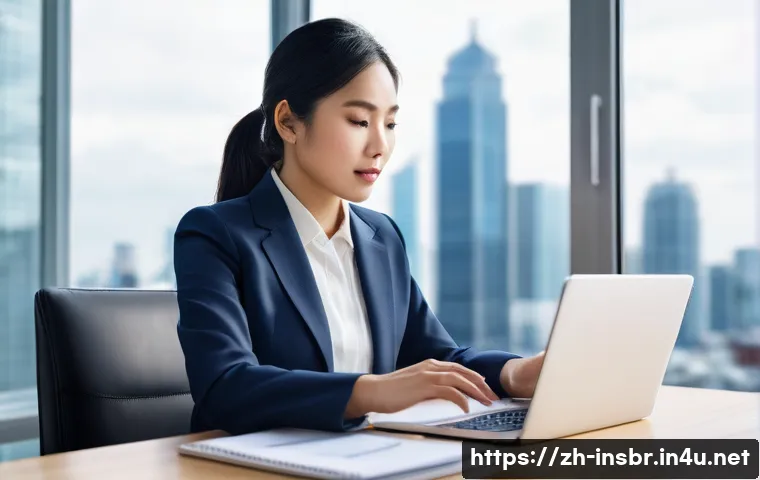 보험중개사 시험 후 주의해야 할 점 - **Prompt:** A modern, professional Asian woman, an insurance broker in her late 20s, is seated at a ...