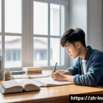 보험중개사 필기시험 및 실기시험 스케줄 관리 - A focused young Chinese adult studying at a modern desk with a detailed daily schedule planner open,...