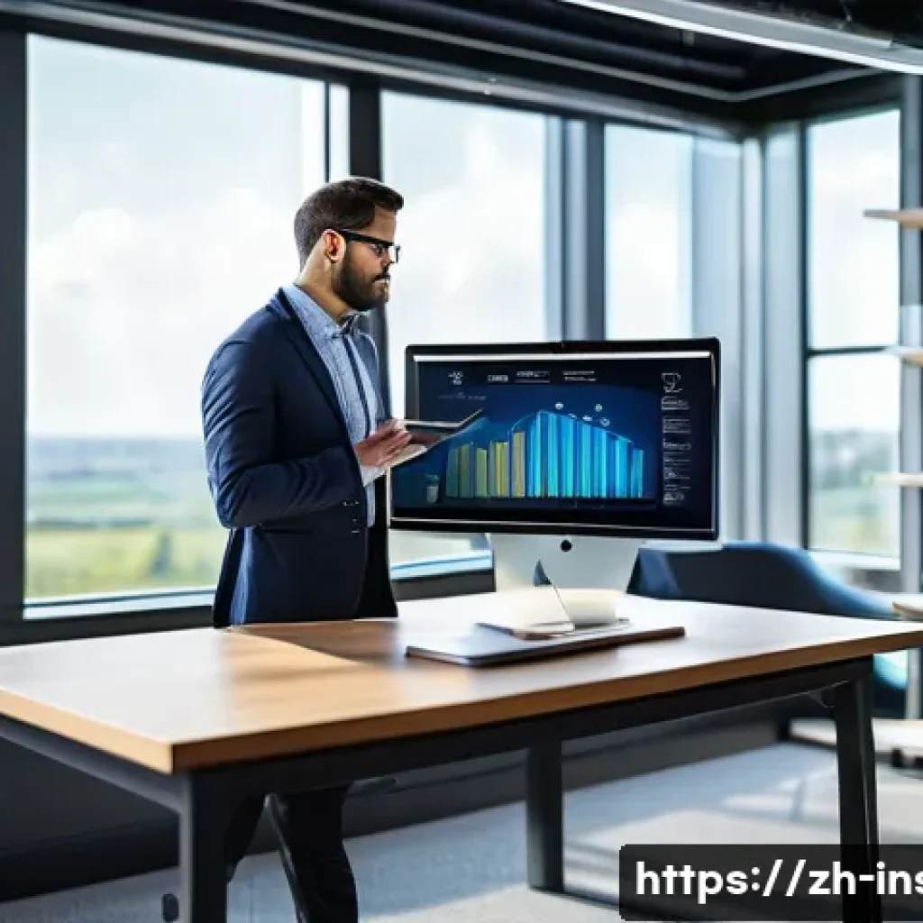 보험중개사로서의 자기계발 스토리 공유 - A modern insurance professional in a sleek office setting, wearing business casual attire and glasse...