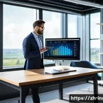 보험중개사로서의 자기계발 스토리 공유 - A modern insurance professional in a sleek office setting, wearing business casual attire and glasse...