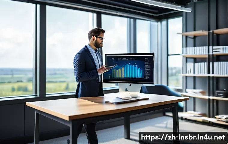 보험중개사로서의 자기계발 스토리 공유 - A modern insurance professional in a sleek office setting, wearing business casual attire and glasse...