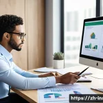 보험중개사와 관련된 윤리적 문제 해결 사례 - A professional insurance agent in a modern office setting, sitting at a sleek desk with a laptop ope...