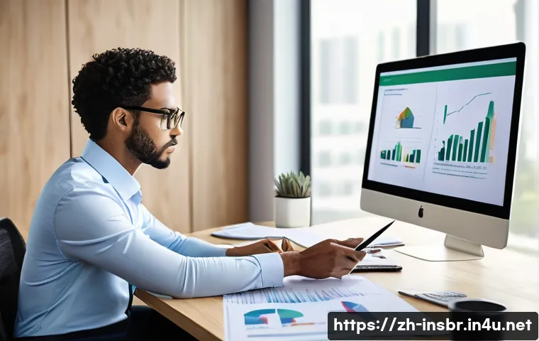 보험중개사와 관련된 윤리적 문제 해결 사례 - A professional insurance agent in a modern office setting, sitting at a sleek desk with a laptop ope...