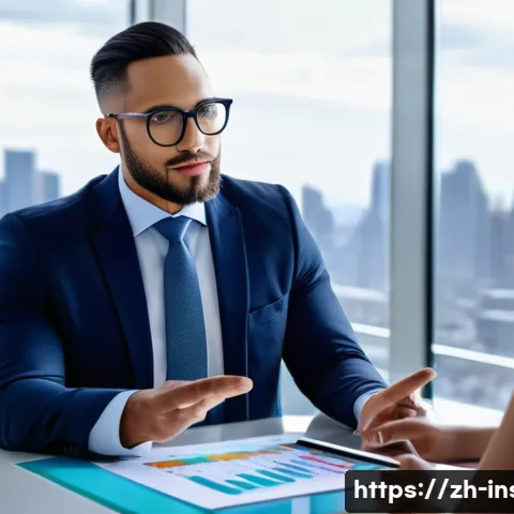 보험중개사 자격증으로 진출 가능한 분야 - A professional insurance consultant in a modern office setting, wearing business casual attire and g...
