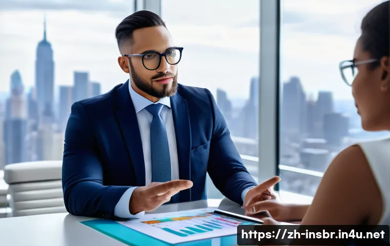 보험중개사 자격증으로 진출 가능한 분야 - A professional insurance consultant in a modern office setting, wearing business casual attire and g...