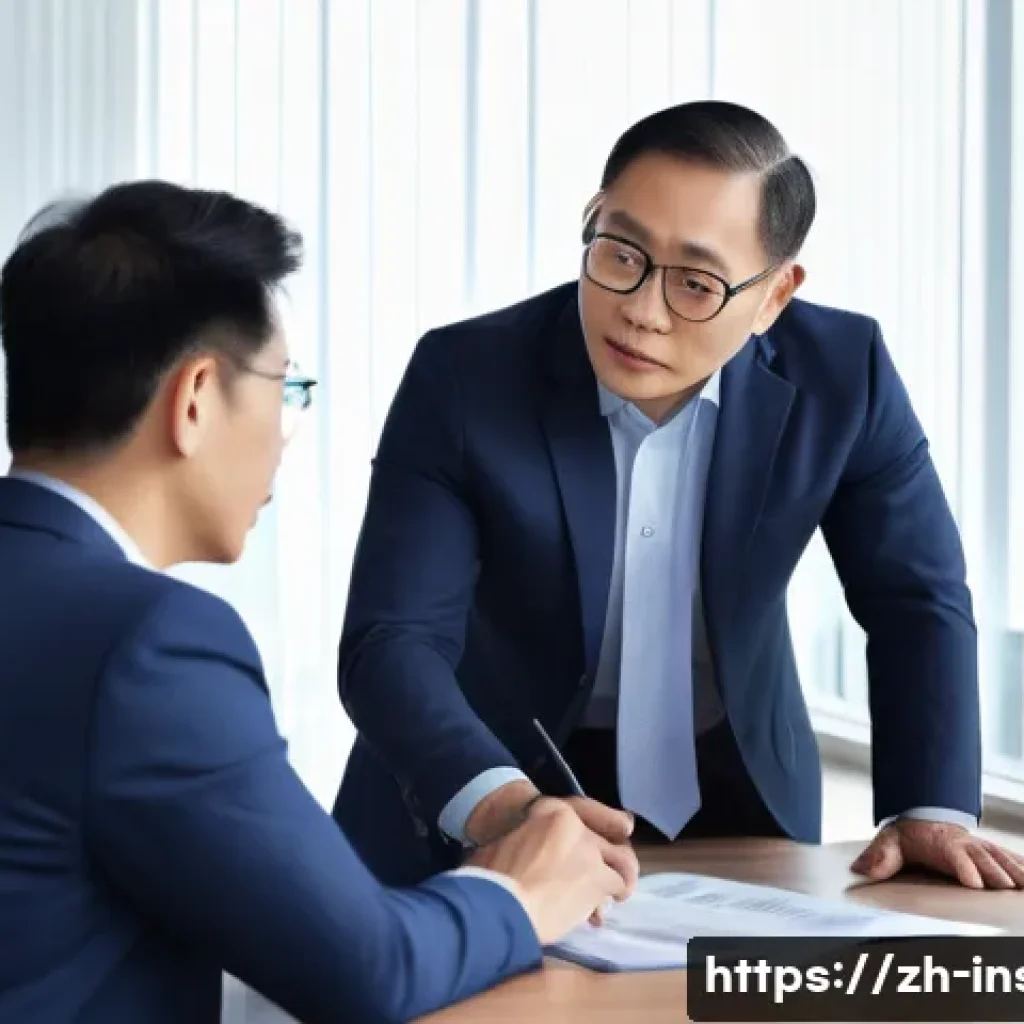 보험중개사와 관련된 고객 설득 성공 사례 - A professional insurance agent attentively listening to a middle-aged Chinese client in a modern off...