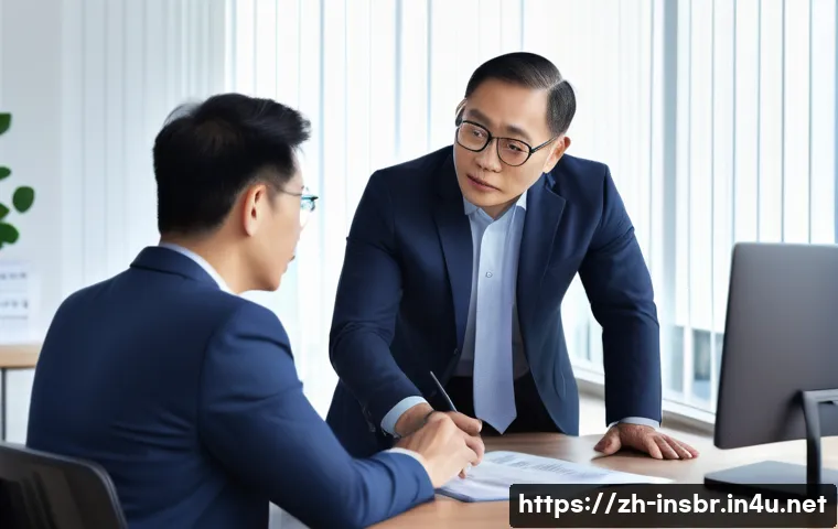 보험중개사와 관련된 고객 설득 성공 사례 - A professional insurance agent attentively listening to a middle-aged Chinese client in a modern off...