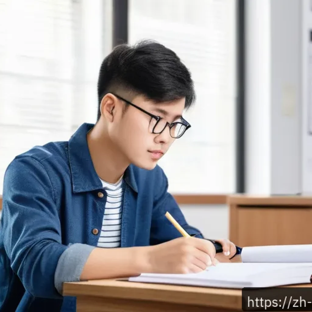 보험중개사 시험 고득점 비법 - A modern Chinese study room scene featuring a young adult student sitting at a tidy wooden desk with...