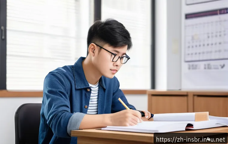 보험중개사 시험 고득점 비법 - A modern Chinese study room scene featuring a young adult student sitting at a tidy wooden desk with...