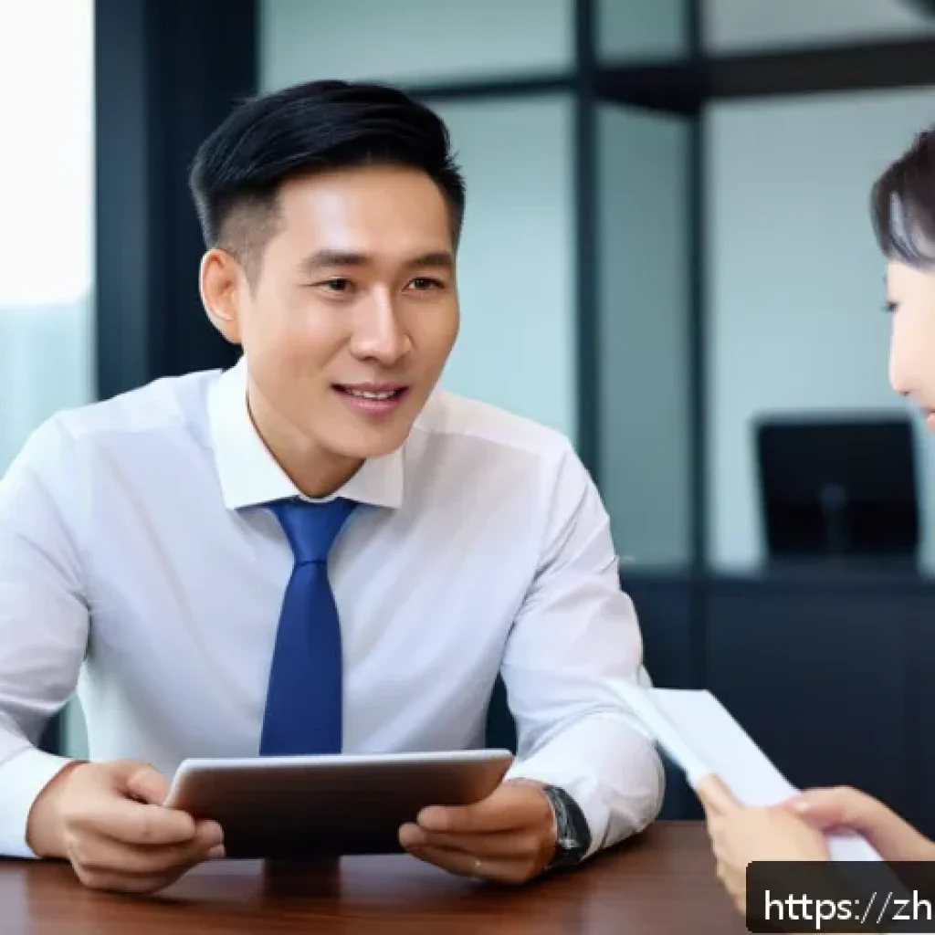 보험중개사와 고객 만족도 관리 방법 - A professional insurance agent attentively listening to a middle-aged Chinese couple in a modern off...