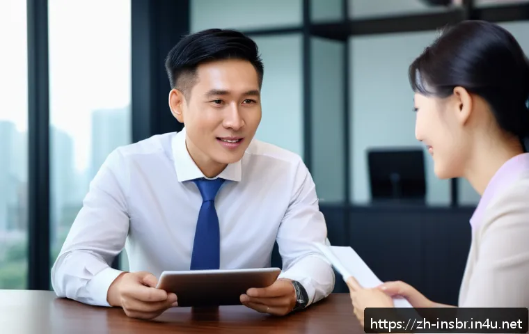 보험중개사와 고객 만족도 관리 방법 - A professional insurance agent attentively listening to a middle-aged Chinese couple in a modern off...