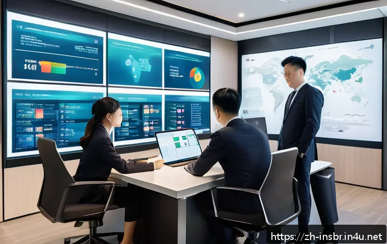 보험중개사와 보험 트렌드 비교 분석 - A modern insurance brokerage office scene showcasing a diverse group of professional agents using ad...