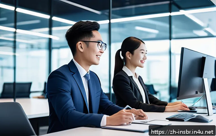 보험중개사 업무에서의 팀워크 중요성 - A modern insurance team collaborating in a bright, spacious office with transparent glass walls, div...