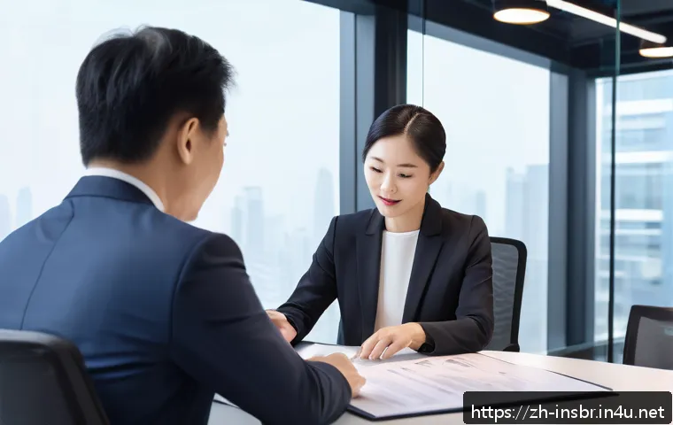 보험중개사와 관련된 실무 사례 연구 - A professional insurance broker in a modern office setting, carefully explaining detailed insurance ...