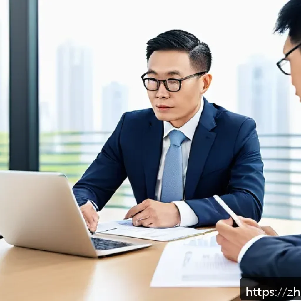 보험중개사와 고객과의 신뢰 구축 사례 - A professional insurance agent attentively listening to a middle-aged Chinese client in a modern off...