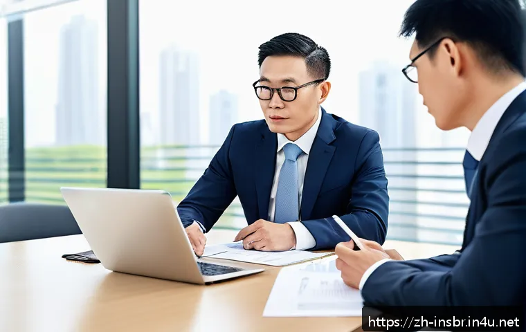 보험중개사와 고객과의 신뢰 구축 사례 - A professional insurance agent attentively listening to a middle-aged Chinese client in a modern off...