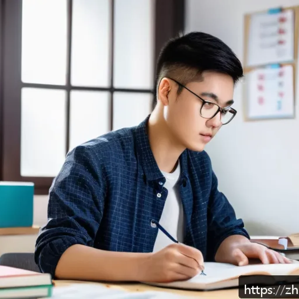 보험중개사 필기시험에서 고득점 전략 - A focused young Chinese adult studying at a tidy desk with textbooks, notes, and a laptop, reviewing...