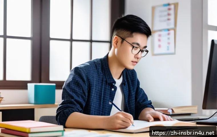 보험중개사 필기시험에서 고득점 전략 - A focused young Chinese adult studying at a tidy desk with textbooks, notes, and a laptop, reviewing...