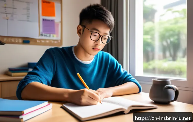 보험중개사 시험 공부 시간 관리 팁 - A modern, clean study room with a young adult Chinese student sitting at a tidy desk, focused on wri...