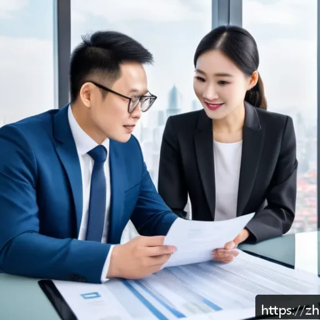 보험중개사와 고객 계약 관리 중요성 - A modern office scene showing a diverse Chinese insurance agent explaining detailed contract terms t...