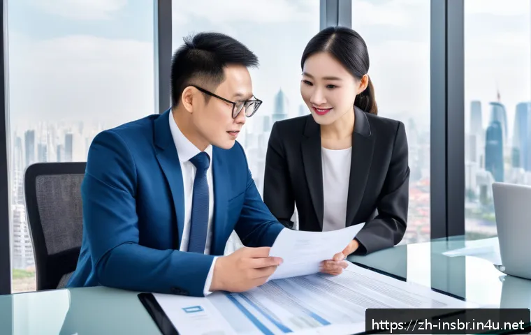 보험중개사와 고객 계약 관리 중요성 - A modern office scene showing a diverse Chinese insurance agent explaining detailed contract terms t...