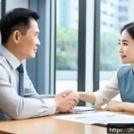 보험중개사와 고객의 신뢰를 쌓는 방법 - A modern Chinese insurance agent attentively listening to a middle-aged female client in a bright, m...