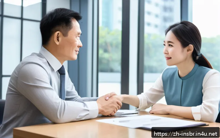 보험중개사와 고객의 신뢰를 쌓는 방법 - A modern Chinese insurance agent attentively listening to a middle-aged female client in a bright, m...