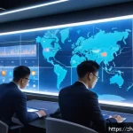 보험중개사와 관련된 최신 AI 기술 도입 사례 - A futuristic insurance agency office scene showcasing AI-powered intelligent data analysis. The imag...