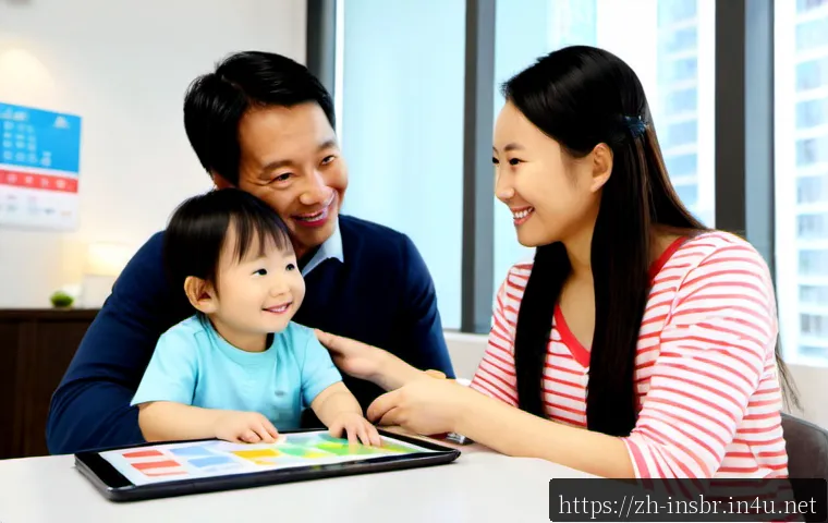 보험중개사와 관련된 최신 보험 상품 성공 사례 - Photorealistic modern insurance broker successfully meeting a young Chinese family in a bright conte...