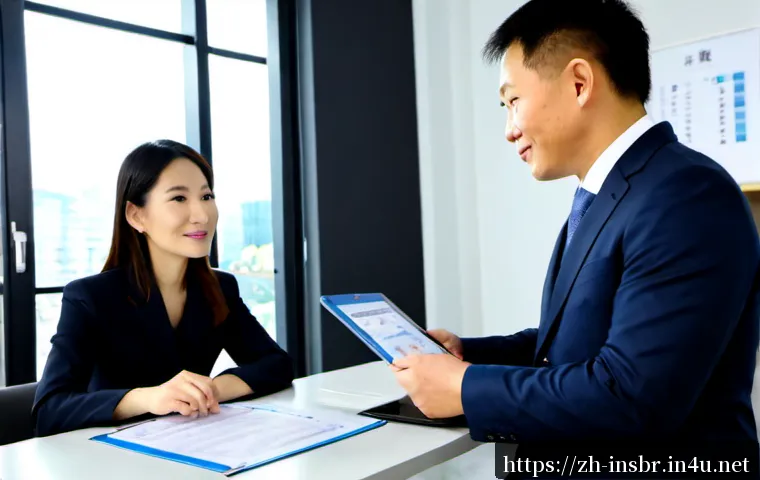 보험중개사와 관련된 최신 보험 상품 분석 - Photorealistic modern insurance broker consulting with a middle-aged Chinese couple at a bright, tid...